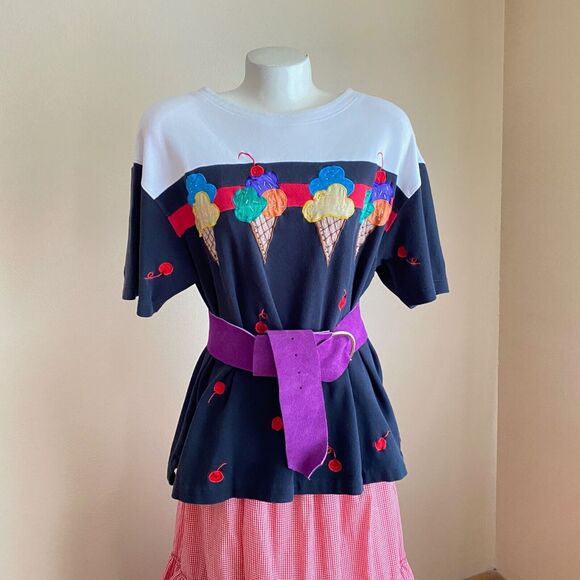 Vintage Bechamel L Blouse with Ice Cream Cones and Cherries Embroidered Beaded - Picture 3 of 10